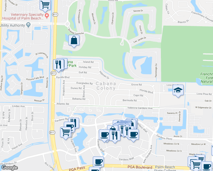 map of restaurants, bars, coffee shops, grocery stores, and more near 12184 Hillman Drive in Palm Beach Gardens