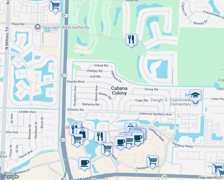 map of restaurants, bars, coffee shops, grocery stores, and more near 3573 Everglades Road in Palm Beach Gardens