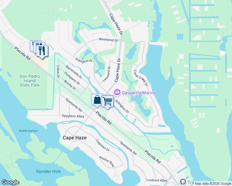 map of restaurants, bars, coffee shops, grocery stores, and more near 6 Amberjack Terrace in Placida