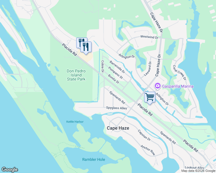 map of restaurants, bars, coffee shops, grocery stores, and more near 20 Spaniards Road in Placida