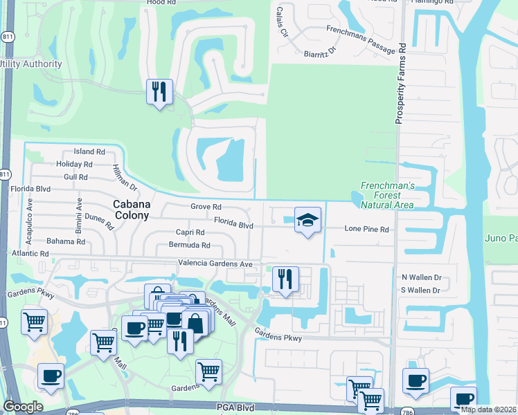 map of restaurants, bars, coffee shops, grocery stores, and more near 3077 Grove Court in Palm Beach Gardens