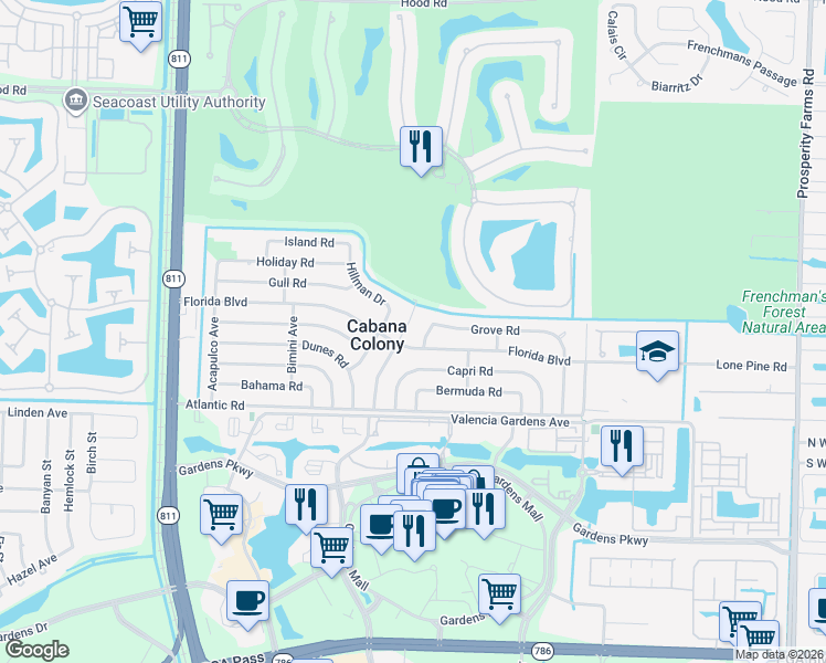 map of restaurants, bars, coffee shops, grocery stores, and more near 12190 Colony Avenue in Palm Beach Gardens