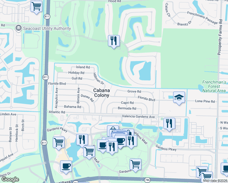 map of restaurants, bars, coffee shops, grocery stores, and more near 3377 Grove Road in West Palm Beach
