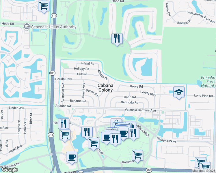 map of restaurants, bars, coffee shops, grocery stores, and more near 12196 Hillman Drive in Palm Beach Gardens