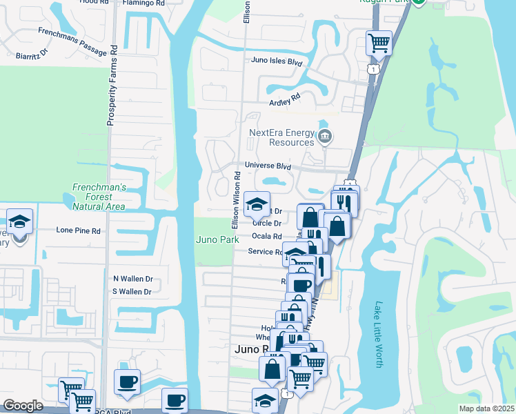map of restaurants, bars, coffee shops, grocery stores, and more near 1917 Pleasant Drive in North Palm Beach
