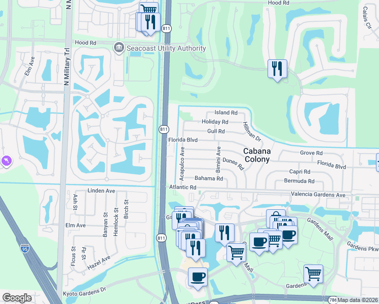 map of restaurants, bars, coffee shops, grocery stores, and more near 3852 Everglades Road in Palm Beach Gardens