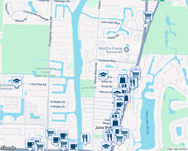 map of restaurants, bars, coffee shops, grocery stores, and more near 2017 Pleasant Drive in North Palm Beach