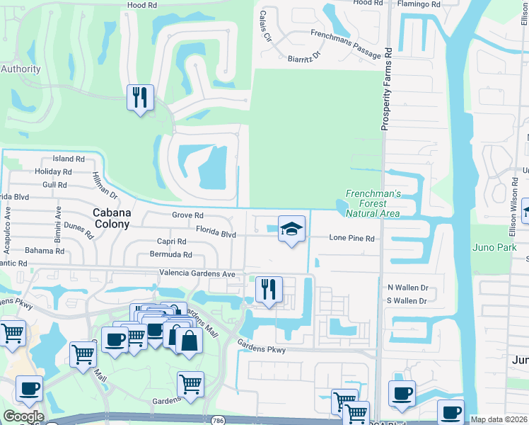 map of restaurants, bars, coffee shops, grocery stores, and more near 212 Lone Pine Drive in Palm Beach Gardens