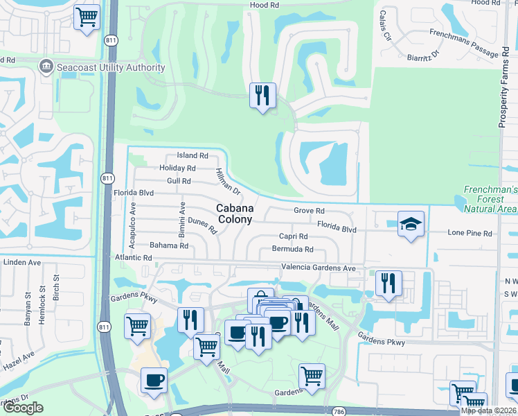 map of restaurants, bars, coffee shops, grocery stores, and more near 3377 Grove Road in West Palm Beach