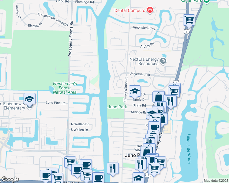 map of restaurants, bars, coffee shops, grocery stores, and more near 2097 Pleasant Drive in North Palm Beach