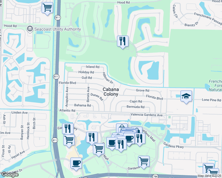 map of restaurants, bars, coffee shops, grocery stores, and more near 12196 Hillman Drive in Palm Beach Gardens