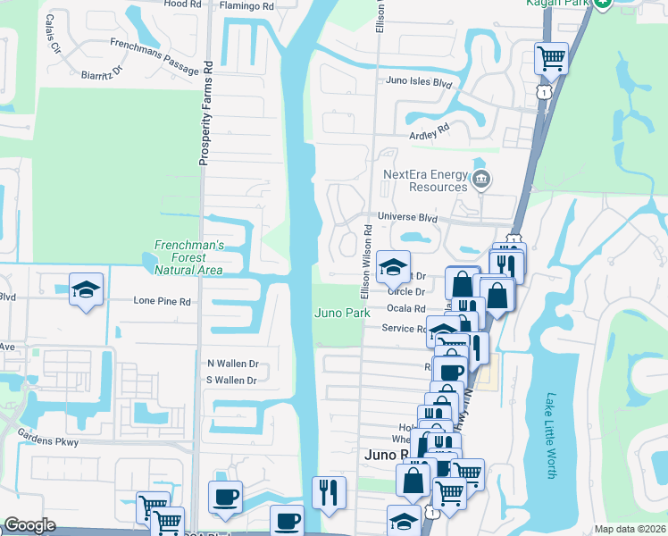 map of restaurants, bars, coffee shops, grocery stores, and more near 2097 Pleasant Drive in North Palm Beach