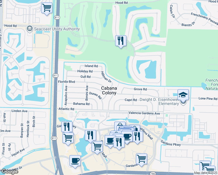 map of restaurants, bars, coffee shops, grocery stores, and more near in Cabana Colony