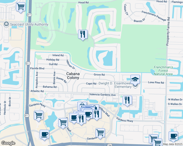 map of restaurants, bars, coffee shops, grocery stores, and more near 3303 Grove Road in Palm Beach Gardens