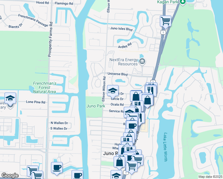 map of restaurants, bars, coffee shops, grocery stores, and more near 1917 Pleasant Drive in North Palm Beach
