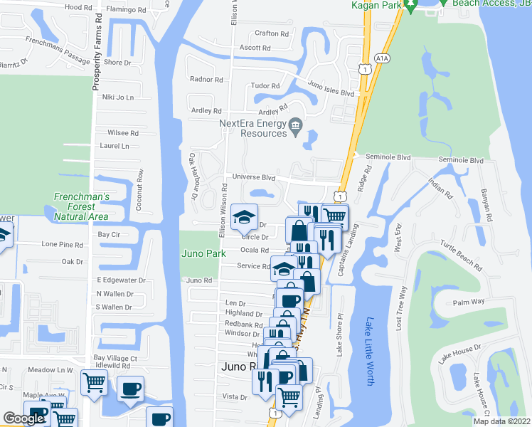 map of restaurants, bars, coffee shops, grocery stores, and more near 82 Uno Lago Drive in North Palm Beach
