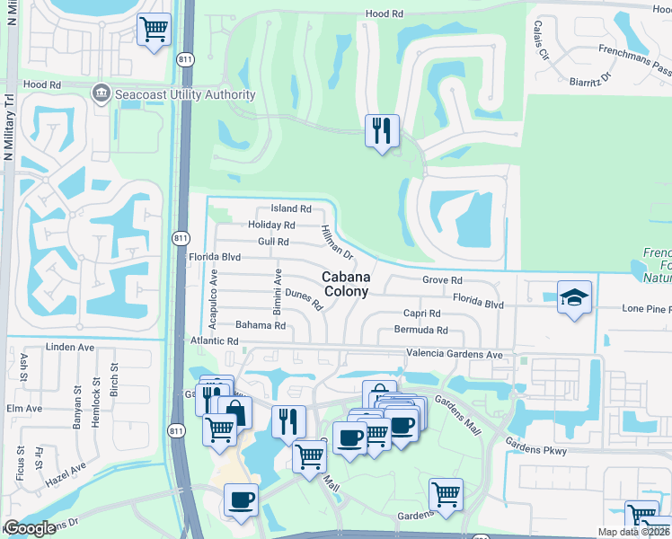 map of restaurants, bars, coffee shops, grocery stores, and more near 3533 Florida Boulevard in Palm Beach Gardens