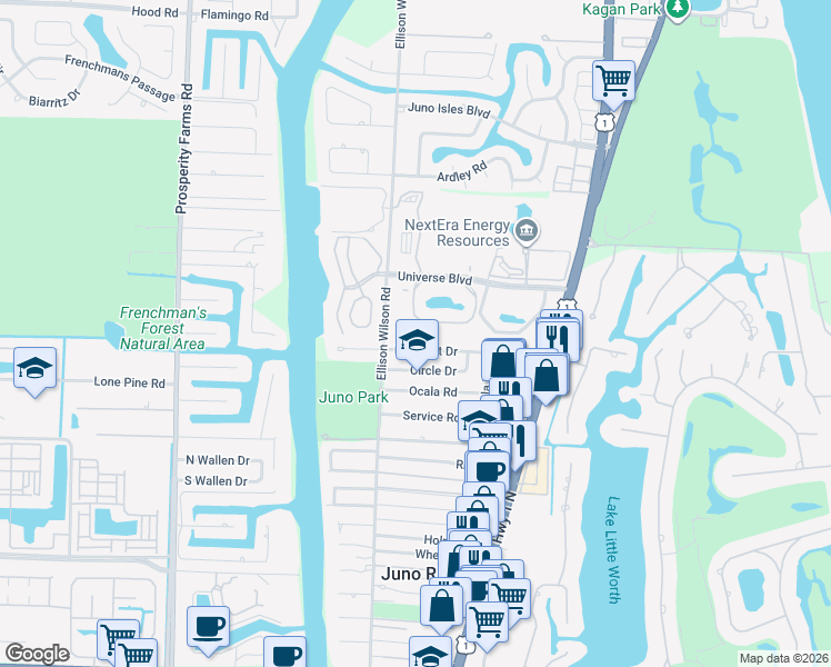 map of restaurants, bars, coffee shops, grocery stores, and more near 1917 Pleasant Drive in North Palm Beach