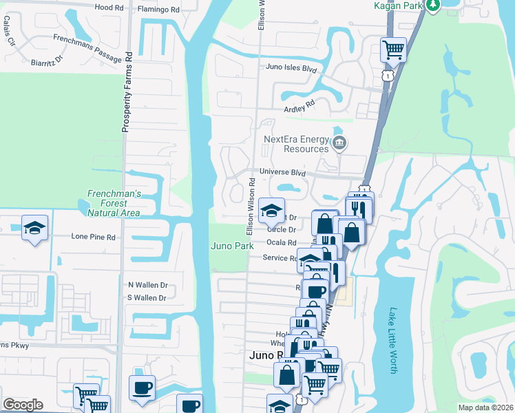 map of restaurants, bars, coffee shops, grocery stores, and more near 2017 Pleasant Drive in North Palm Beach