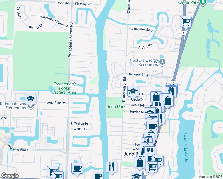 map of restaurants, bars, coffee shops, grocery stores, and more near 2097 Pleasant Drive in North Palm Beach
