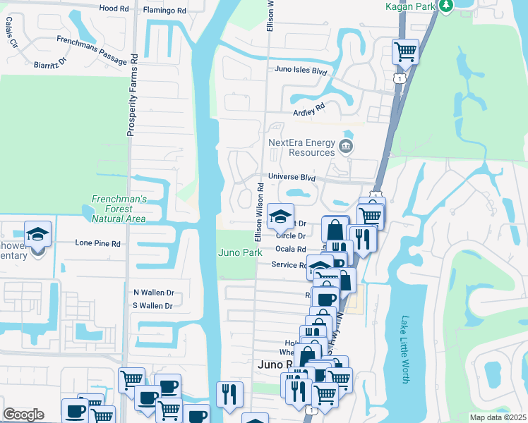 map of restaurants, bars, coffee shops, grocery stores, and more near 2017 Pleasant Drive in North Palm Beach