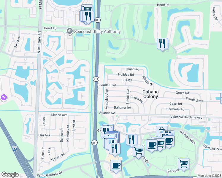 map of restaurants, bars, coffee shops, grocery stores, and more near 3852 Everglades Road in Palm Beach Gardens