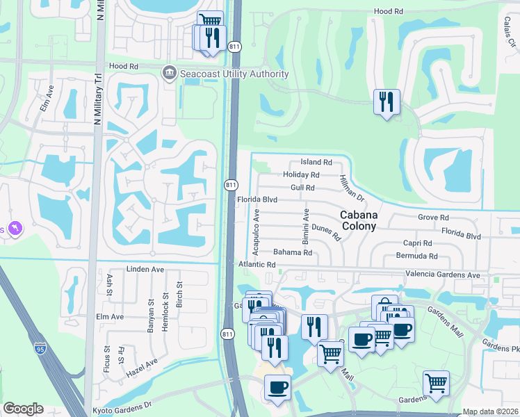 map of restaurants, bars, coffee shops, grocery stores, and more near 3852 Everglades Road in Palm Beach Gardens