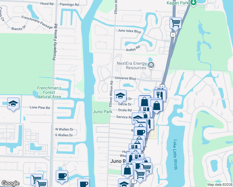 map of restaurants, bars, coffee shops, grocery stores, and more near 45 Uno Lago Drive in North Palm Beach