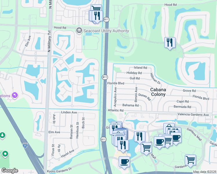 map of restaurants, bars, coffee shops, grocery stores, and more near 12180 Florida A1A Alternate in Palm Beach Gardens