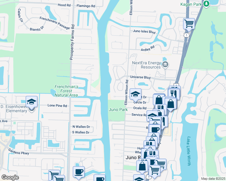 map of restaurants, bars, coffee shops, grocery stores, and more near 2097 Pleasant Drive in North Palm Beach