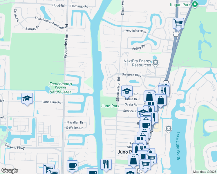 map of restaurants, bars, coffee shops, grocery stores, and more near 2097 Pleasant Drive in North Palm Beach