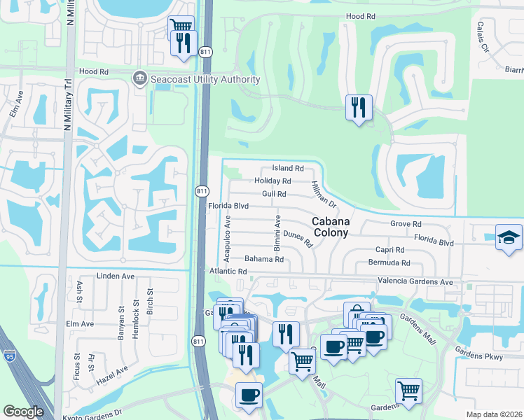 map of restaurants, bars, coffee shops, grocery stores, and more near 3762 Florida Boulevard in Palm Beach Gardens