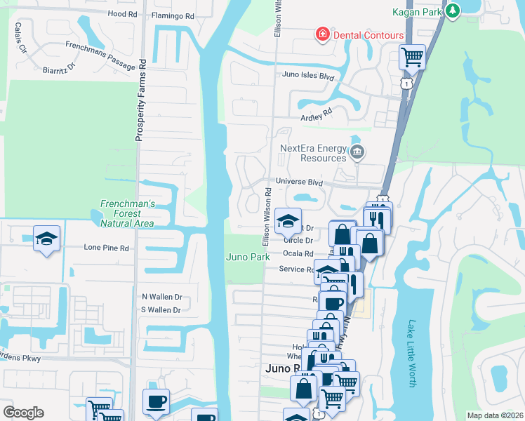 map of restaurants, bars, coffee shops, grocery stores, and more near 2017 Pleasant Drive in North Palm Beach