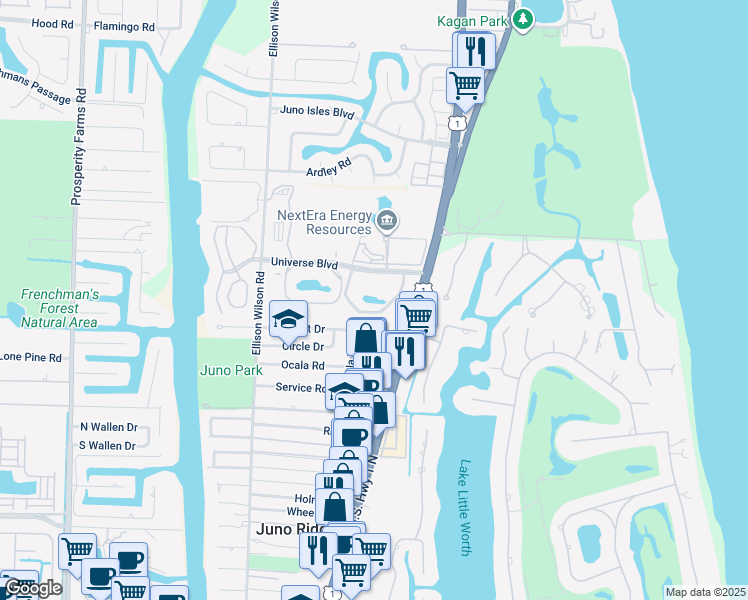 map of restaurants, bars, coffee shops, grocery stores, and more near 603 Universe Boulevard in Juno Beach