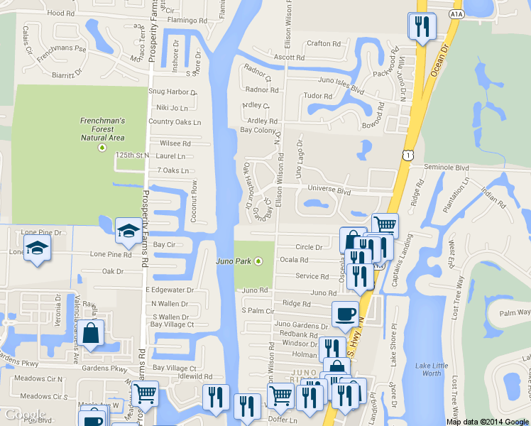 map of restaurants, bars, coffee shops, grocery stores, and more near 7 Grand Bay Circle in North Palm Beach