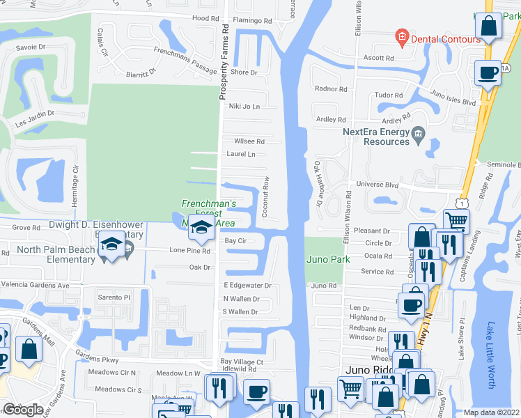 map of restaurants, bars, coffee shops, grocery stores, and more near 12335 Coconut Row in Palm Beach Gardens