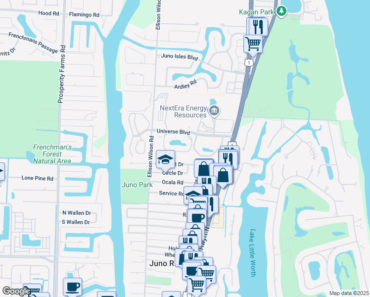 map of restaurants, bars, coffee shops, grocery stores, and more near 700 Uno Lago Drive in Juno Beach