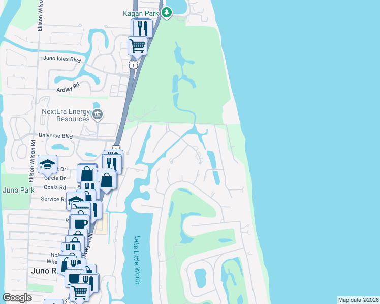 map of restaurants, bars, coffee shops, grocery stores, and more near 12340 Channel Drive in North Palm Beach