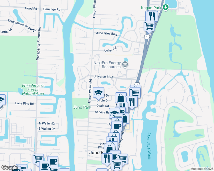 map of restaurants, bars, coffee shops, grocery stores, and more near 700 Uno Lago Drive in Juno Beach