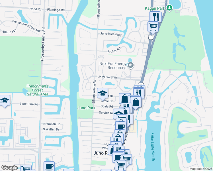 map of restaurants, bars, coffee shops, grocery stores, and more near 23 Uno Lago Drive in North Palm Beach