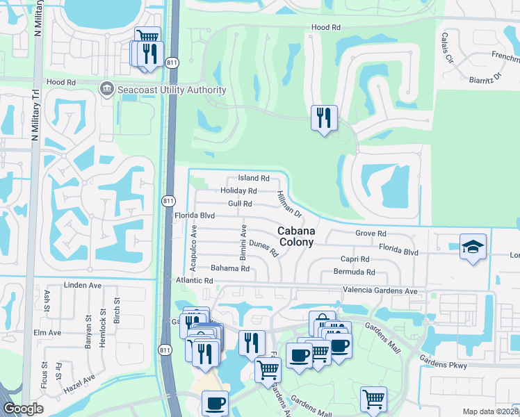 map of restaurants, bars, coffee shops, grocery stores, and more near 3676 Gull Road in Palm Beach Gardens