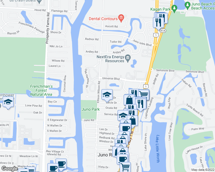 map of restaurants, bars, coffee shops, grocery stores, and more near 23 Uno Lago Drive in North Palm Beach