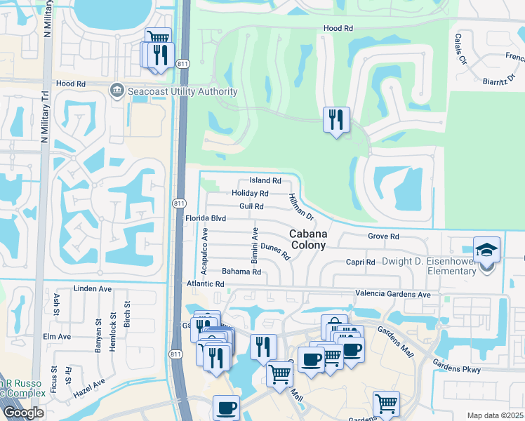 map of restaurants, bars, coffee shops, grocery stores, and more near 3676 Gull Road in Palm Beach Gardens