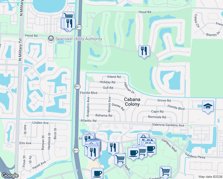map of restaurants, bars, coffee shops, grocery stores, and more near 3676 Gull Road in Palm Beach Gardens