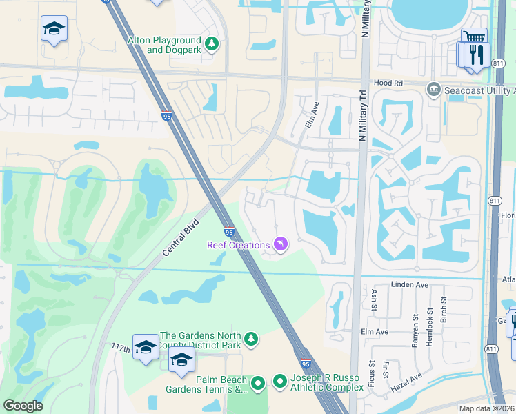 map of restaurants, bars, coffee shops, grocery stores, and more near 10000 Garden Square Boulevard in Palm Beach Gardens