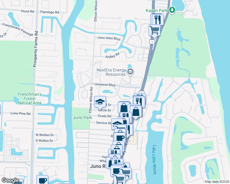 map of restaurants, bars, coffee shops, grocery stores, and more near 700 Uno Lago Drive in Juno Beach