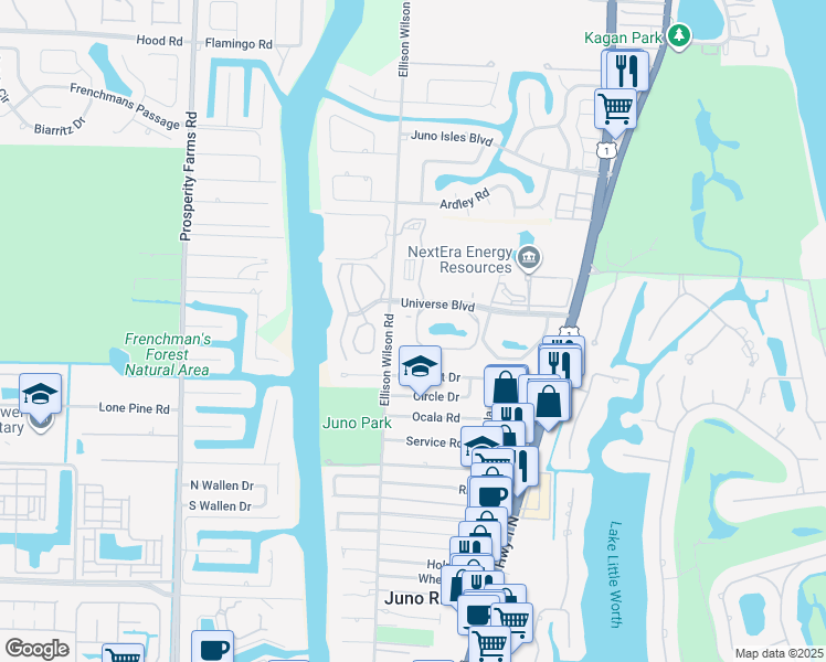 map of restaurants, bars, coffee shops, grocery stores, and more near 24 Uno Lago Drive in Juno Beach
