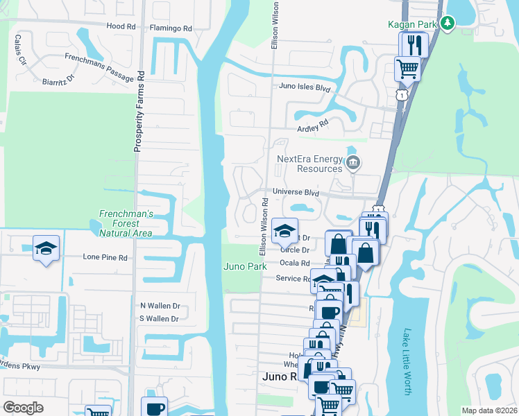 map of restaurants, bars, coffee shops, grocery stores, and more near 7 Grand Bay Circle in North Palm Beach