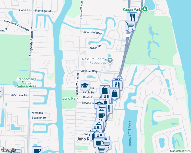 map of restaurants, bars, coffee shops, grocery stores, and more near 700 Uno Lago Drive in Juno Beach