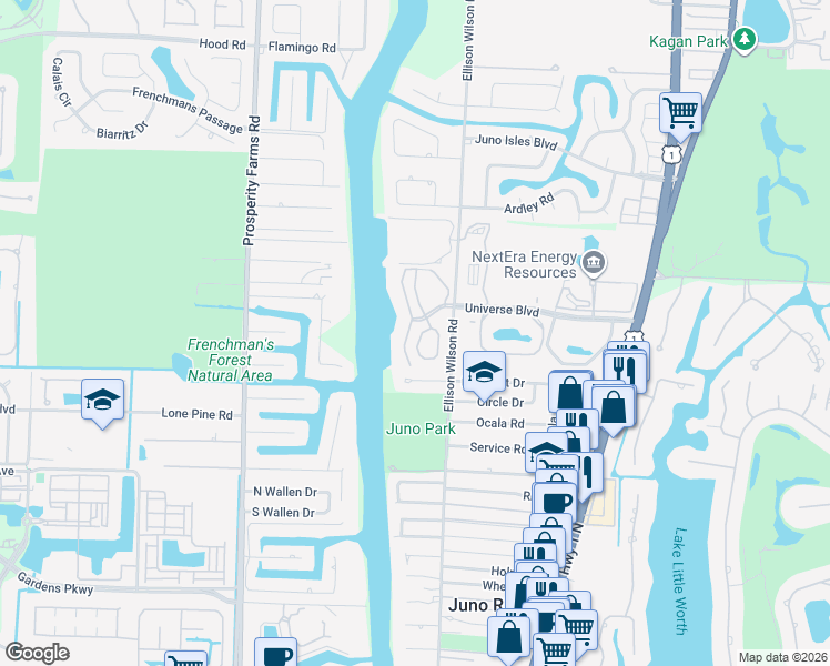 map of restaurants, bars, coffee shops, grocery stores, and more near 27 Grand Bay Circle in North Palm Beach